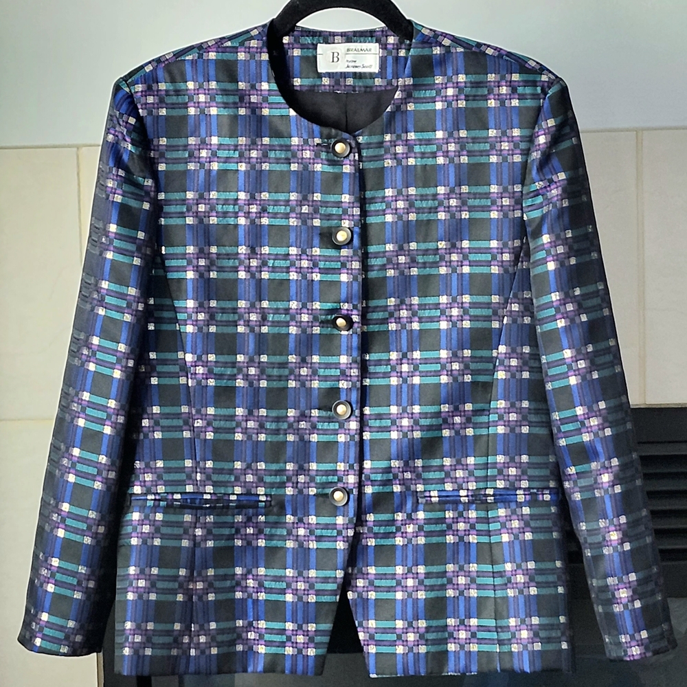 Braemar by Jeremy Scott Plaid Jacket, Blue Green Black Gold Blazer, Size 10